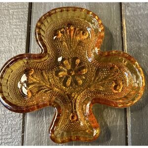 Indiana Glass Tiara Exclusive Amber‎ Trinket Ring Dish Clover Club Shape VINTAGE